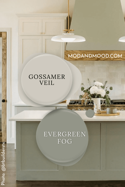 Swatches of Sherwin Williams Gossamer Veil and Evergreen Fog over a background of those colors on kitchen cabinets