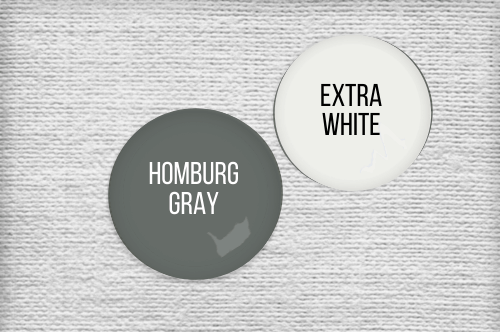 Drop of Homburg Gray beside a drop of SW Extra White