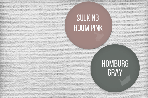 Drop of Homburg Gray beside a drop of Farrow & Ball Sulking Room Pink