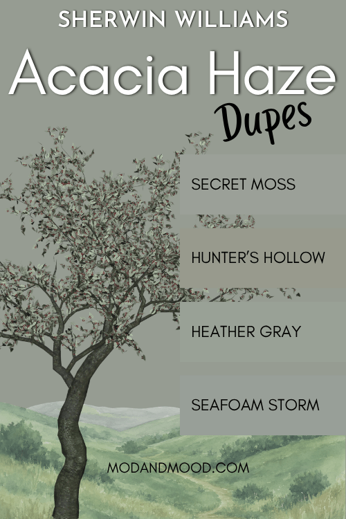Swatches of acacia haze dupes over a background of acacia haze with an acacia tree and rolling hills. Colors are Secret Moss, Hunter's Hollow, Heather Gray, and Seafoam Storm.