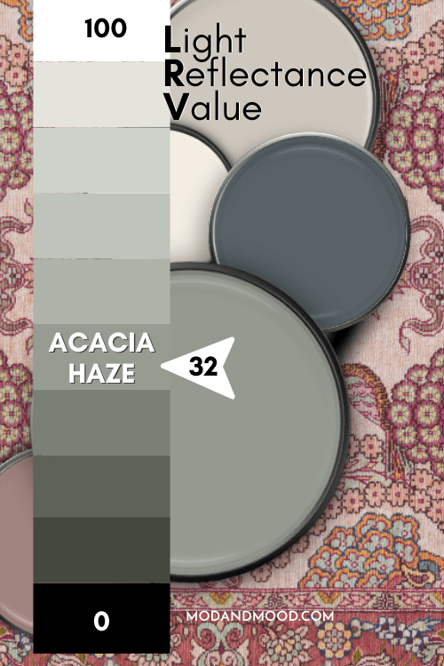Sherwin Williams Acacia Haze marked at 32 on an LRV chart from 100 (white) to 0 (black) over a color palette featuring acacia haze.