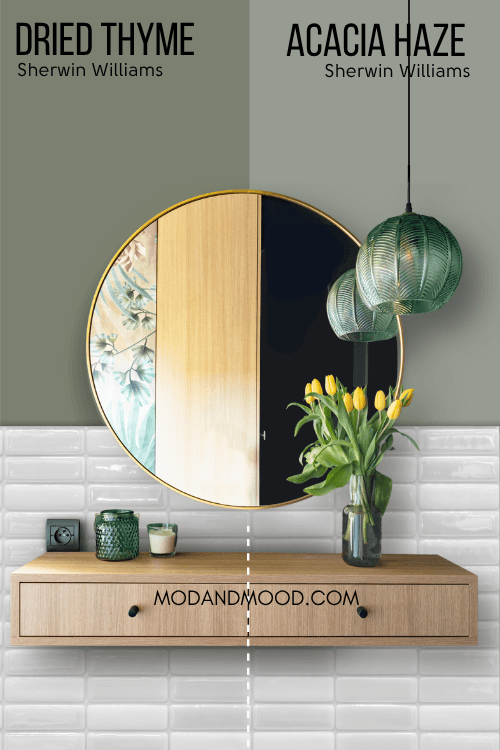 Acacia Haze on half of a wall and Dried Thyme on the other half behind a round mirror and wood vanity.