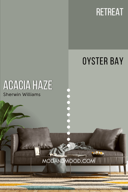 Sherwin Williams acacia haze on half of a wall and Retreat and Oyster Bay on the other half behind a gray-brown leather sofa.