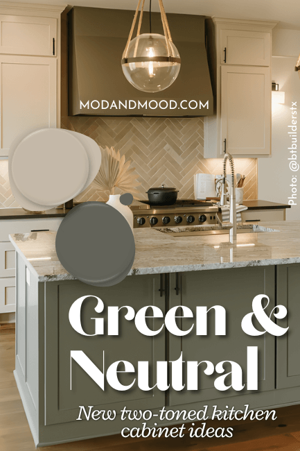 Graphic reads "Green & Neutral: New two tone kitchen cabinet ideas."