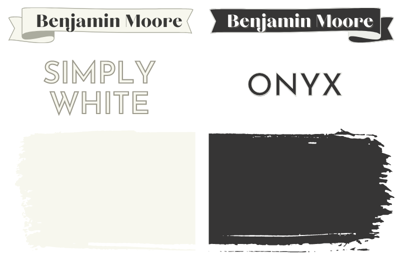 Paintbrush swipe swatch of Benjamin Moore Simply White beside Paintbrush swipe swatch of Benjamin Moore Onyx