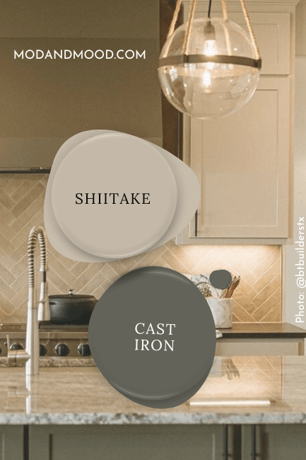 Swatches of Shiitake and Cast Iron over a background of those colors on cabinets