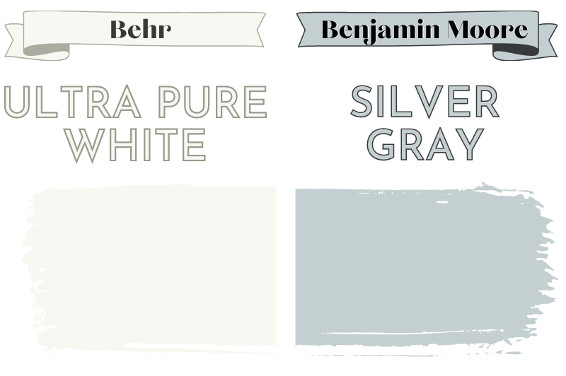 Paintbrush swipe swatch of Behr Ultra Pure White beside Paintbrush swipe swatch of Benjamin Moore SIlver Gray