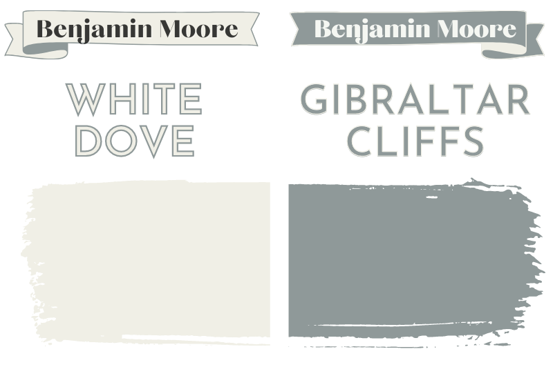 Paintbrush swipe swatch of Benjamin Moore White Dove beside Paintbrush swipe swatch of Benjamin Moore Gibraltar Cliffs