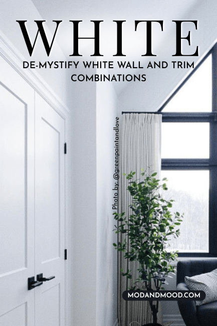 Chantilly Lace walls and trim in a cool white room. Graphic reads "White: De-mystify white wall and trim combinations."