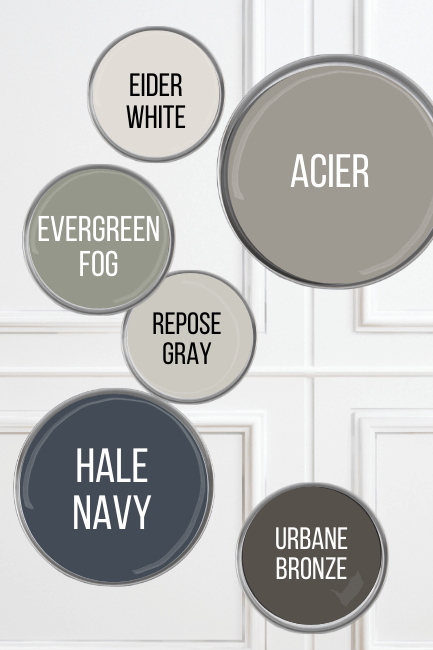Acier color palette featuring Hale Navy, Repose Gray, Eider White, Evergreen Fog, and Urbane Bronze