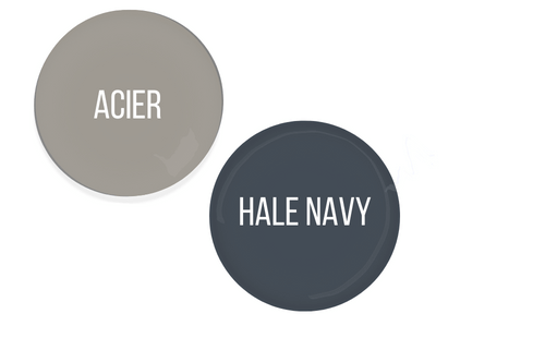 Paint drop of Acier beside a paint drop of Hale Navy