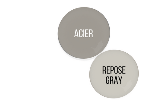Paint drop of Acier beside a paint drop of Repose Gray