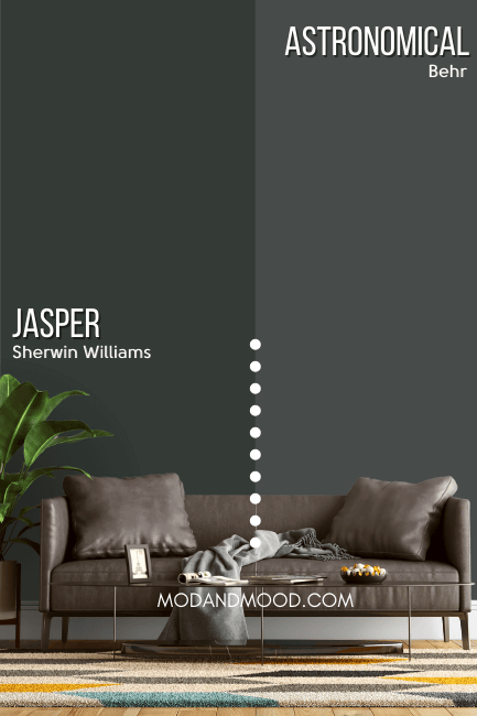 Behr dupe for Jasper "Astronomical" on half of a wall and Jasper on the other half behind a gray leather sofa.