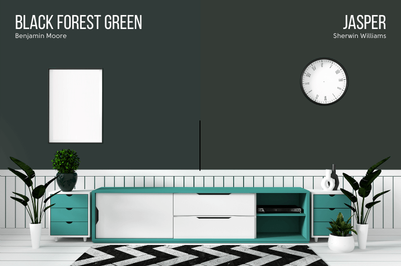 Jasper Benjamin Moore dupe black Forest Green side by side on a wall