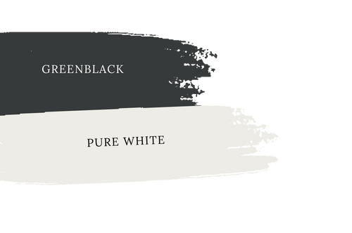 Sherwin Williams Greenblack paint stripe swatched beside Pure White