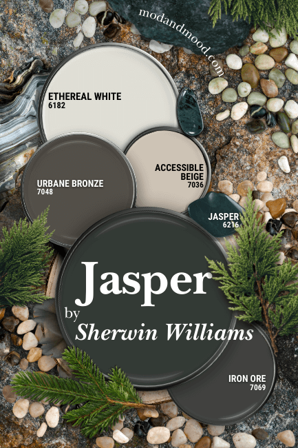 Jasper in a color palette featuring iron ore, ethereal white, Urbanze Bronze, and Accessible Beige over background of rocks, pebbles, and greenery.