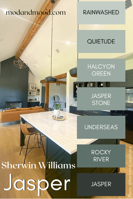 Sherwin Williams Jasper color strip from Rainwashed, through Quietude, Halcyon Green, Jasper Stone, Underseas, Rocky River, and Jasper over a background of Jasper on an island in a kitchen.