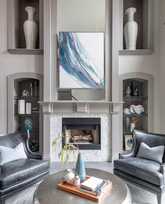 Mindful Gray walls with Acier Trim in living room with very tall ceilings and built ins