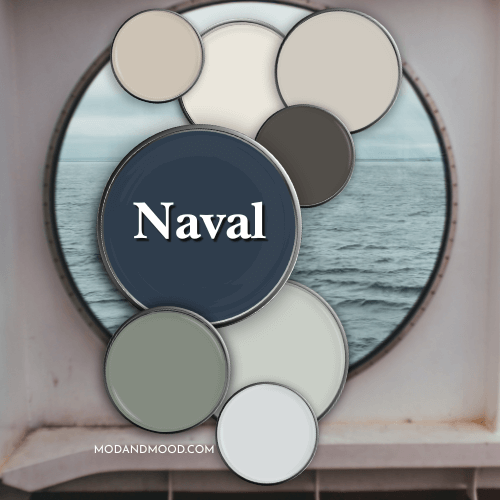 Sherwin Williams Naval color palette. All colors are displayed on paint lids over a background of a ship's porthole window. Colors are Accessible Beige, Alabaster, Agreeable Gray, Urbane Bronze, Carolina Gull, Icicle, and Sea salt.