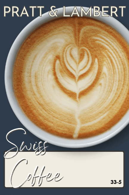 Pratt and Lambert Swiss coffee color card under a photo of a latte with froth art, on a background of SW naval.