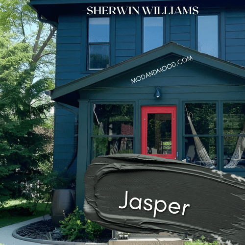 Swatch of Jasper over a photo of the color on an exterior.