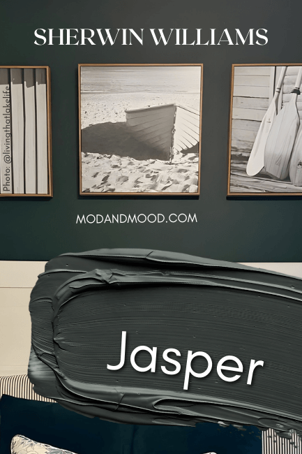 Sherwin Williams Jasper swatched over a photo of the color on a bedroom wall with three black and white photos.