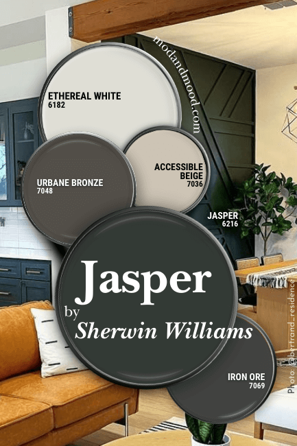 Jasper in a color palette featuring iron ore, ethereal white, Urbanze Bronze, and Accessible Beige over background of an open plan home with Jasper feature wall