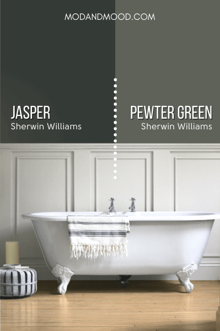 Jasper and Pewter Green each on half of a wal behind a clawfoot tub and creamy wainscoting.