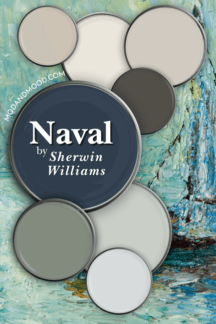 Naval Color Palette features neutral and cool colors all on paint lids over an oil painting background in aquatic colors.