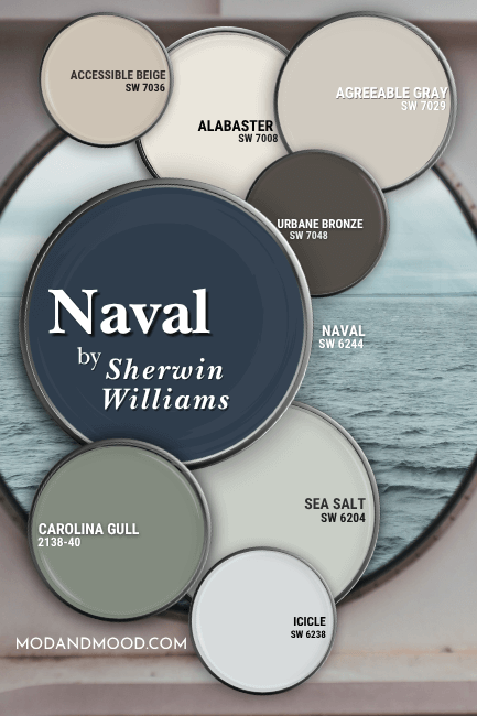 Sherwin Williams Naval color palette. All colors are displayed on paint lids over a background of a ship's porthole window. Colors are Accessible Beige, Alabaster, Agreeable Gray, Urbane Bronze, Carolina Gull, Icicle, and Sea salt.