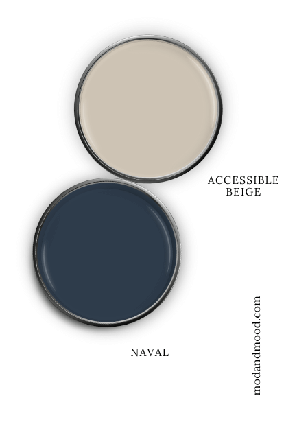 Sherwin Williams Naval swatched on a paint lid alongside the same of coordinating color Sherwin Williams Accessible Beige.