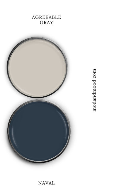 Sherwin Williams Naval swatched on a paint lid alongside the same of coordinating color Sherwin Williams Agreeable Gray.
