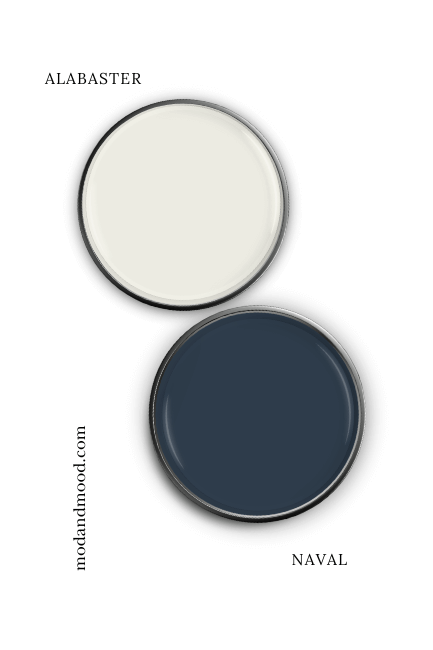 Sherwin Williams Naval swatched on a paint lid alongside the same of coordinating color Sherwin Williams Alabaster.