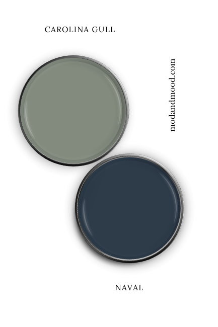Sherwin Williams Naval swatched on a paint lid alongside the same of coordinating color Benjamin Moore Carolina Gull.