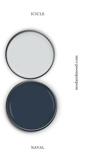 Sherwin Williams Naval swatched on a paint lid alongside the same of coordinating color Sherwin Williams Icicle.