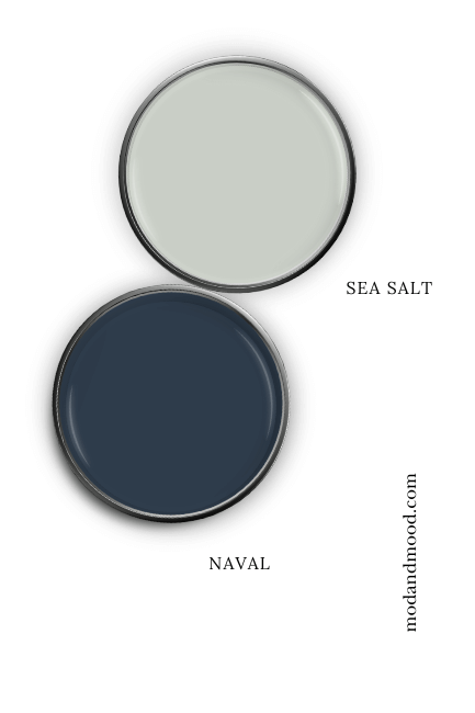 Sherwin Williams Naval swatched on a paint lid alongside the same of coordinating color Sherwin Williams Sea Salt.