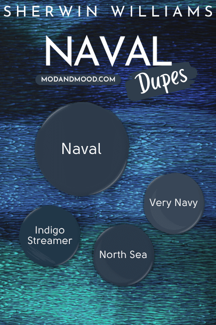 Sherwin Williams Naval swatched beside smaller paint dots of dupes Indigo Streamer, North Sea, and Very Navy. Background is a textured watery background fading from deep navy to teal.