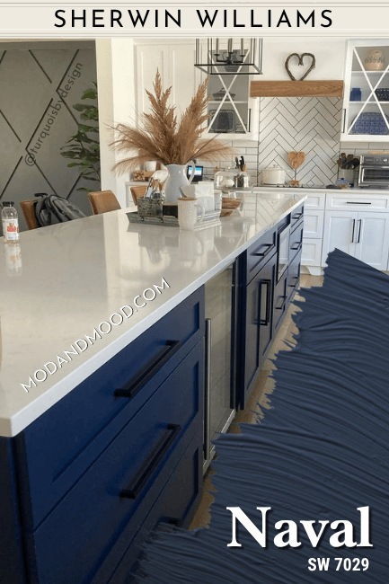 Swatch of Sherwin Williams Naval over a photo of that color on an island and white perimeter cabinets.
