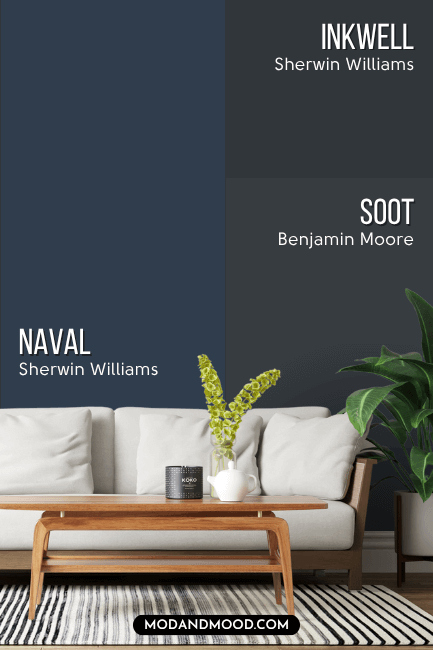 Sherwin Williams Naval on one half of a wall with darker more charcoal navy paint colors Sherwin Williams Inkwell and Benjamin Moore Soot on the other half.