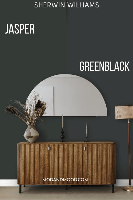 Sherwin Williams Jasper vs Greenblack on a wall behind a half moon mirror and hallway cabinet.