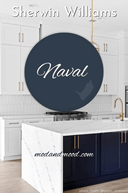 Naval swatched over a white kitchen with Naval island