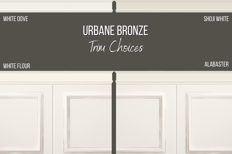 Urbane Bronze with a variety of white trim colors including SW Alabaster, Benjamin Moore White Dove, SW Shoji White, and SW White Flour