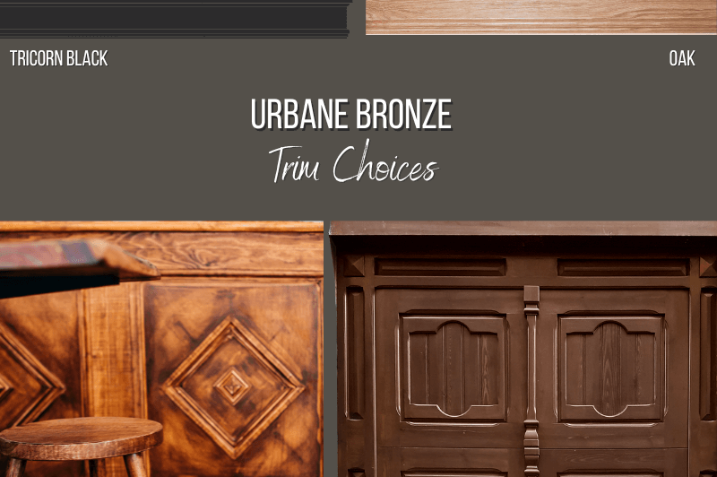 Background of Urbane Bronze with photos of dark wood and mahogany woodwork over top. Top of the graphic features oak baseboard and Tricorn Black.
