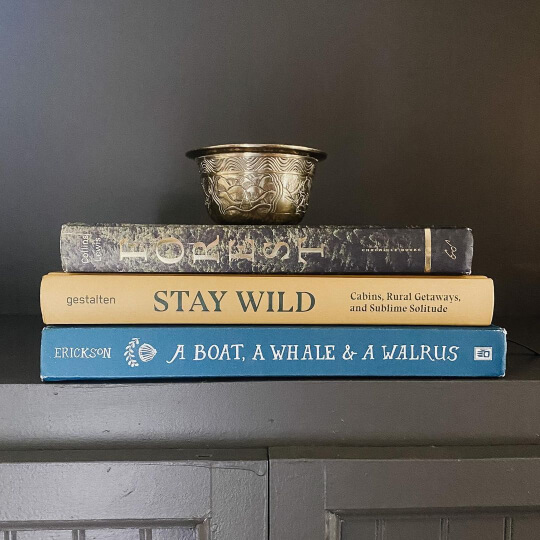 Books stacked on an Urbane Bronze bookshelf with a little bronze bowl on top