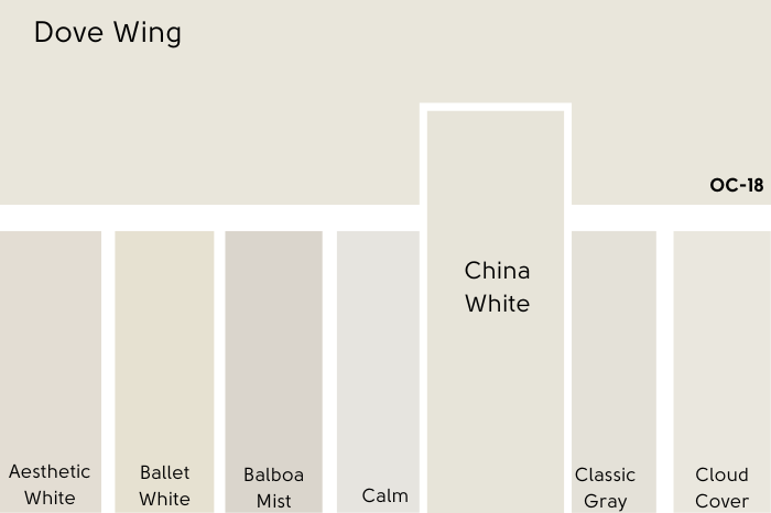 Benjamin Moore China White vs Dove Wing on a color card featuring many off white paint colors.