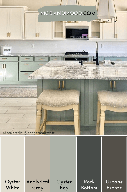 Oyster White color palette featuring an Oyster White and Acacia Haze kitchen, with 5 colors swatched below: Oyster White, Analytical Gray, Oyster Bay, Rock Bottom, and Urbane Bronze