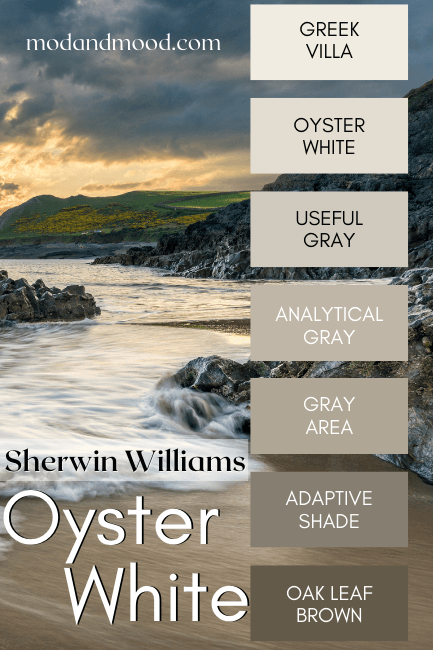 Oyster White Color Strip also Features Greek Villa (lighter) and the darker colors Useful Gray, Analytical Gray, Gray Area, Adaptive Shade, and Oak Leaf Brown. Background of a calm seaside bay.