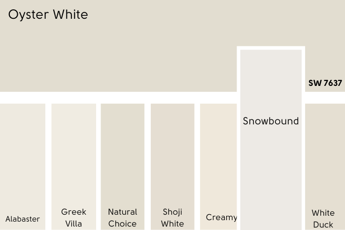 Sherwin Williams Oyster White color chip compared to seven similar white paint colors. Larger than the rest is the swatch of Sherwin Williams Snowbound