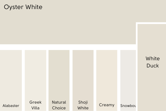 Sherwin Williams Oyster White color chip compared to seven similar white paint colors. Larger than the rest is the swatch of Sherwin Williams White Duck