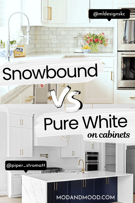 Snowbound on cabinets above a photo of Pure White on cabinets